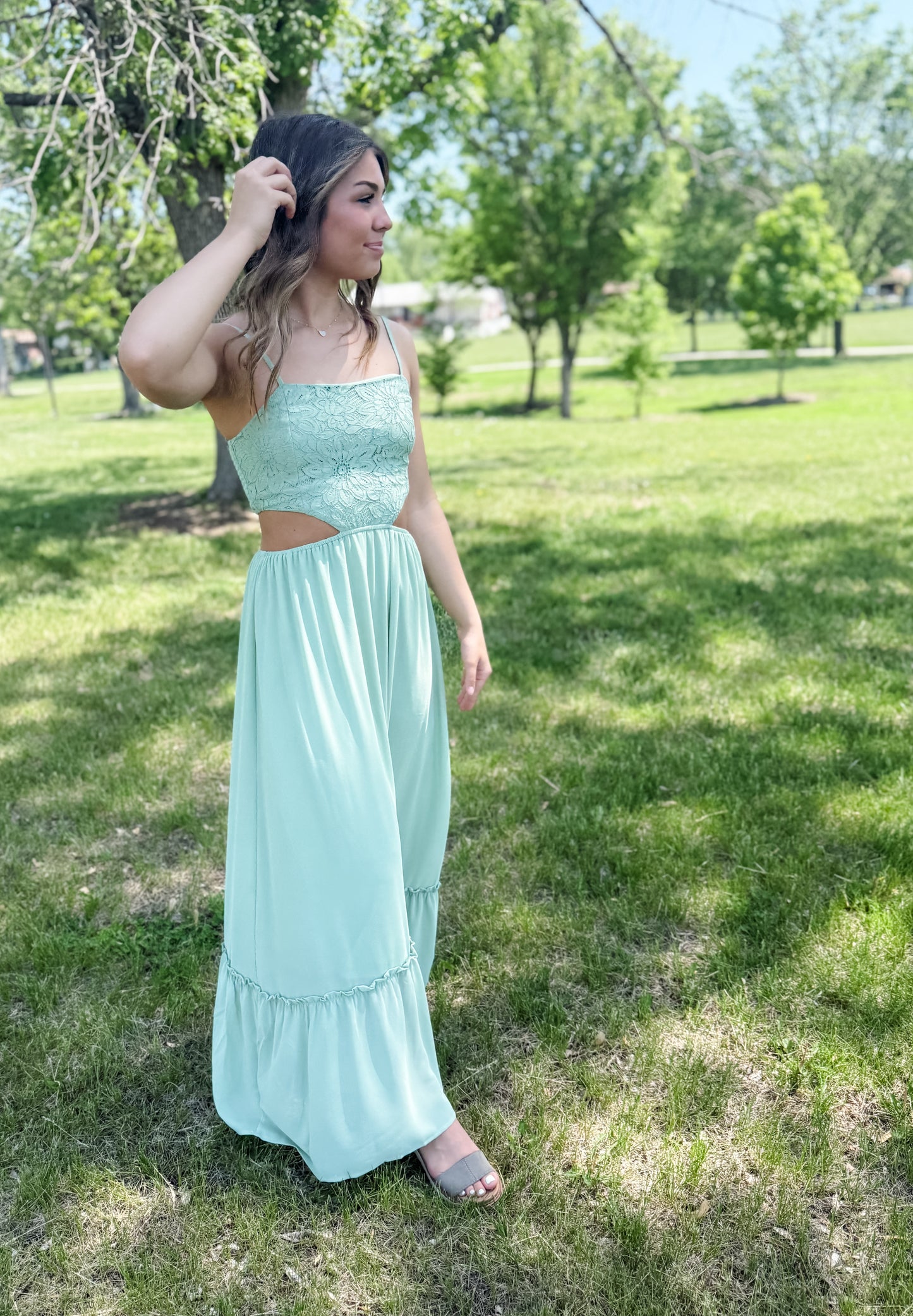 Sage Bloom Cutout Maxi Dress