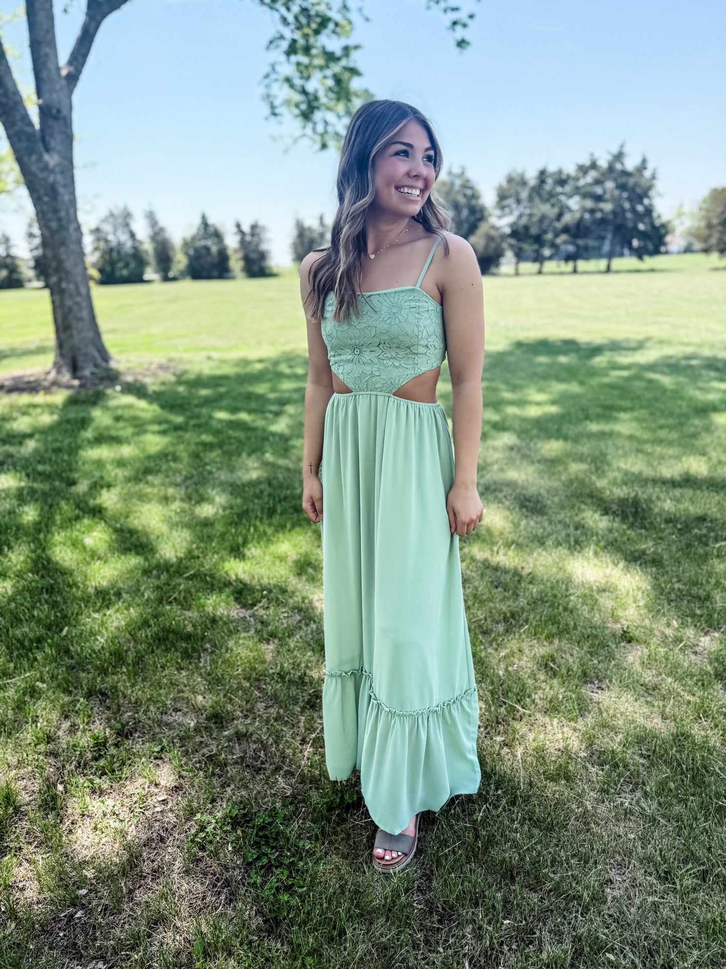 Sage Bloom Cutout Maxi Dress