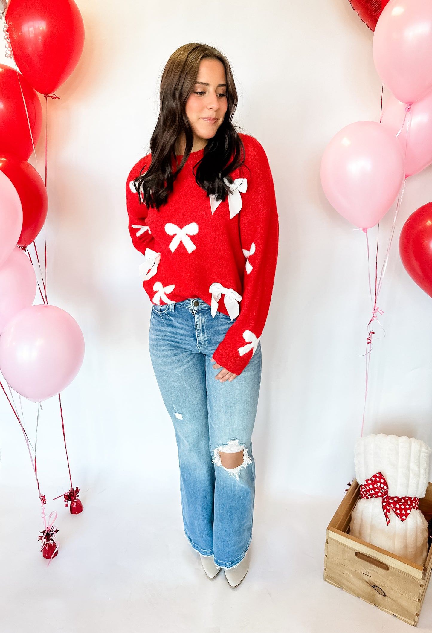 Lyla Velvet Bow Knit Sweater - Red/Ivory