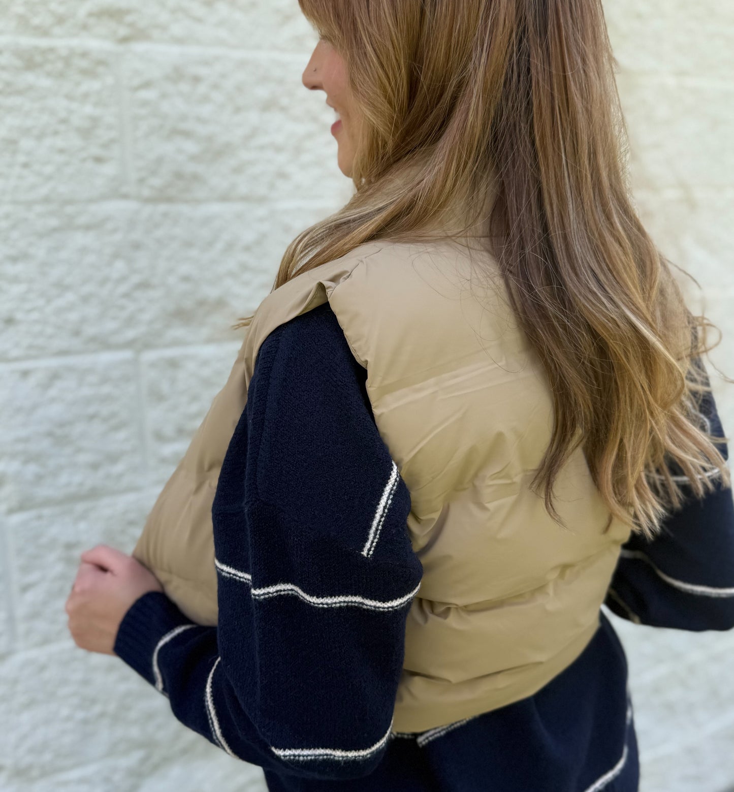 Straight and Narrow Cropped Puffer Vest - Tan