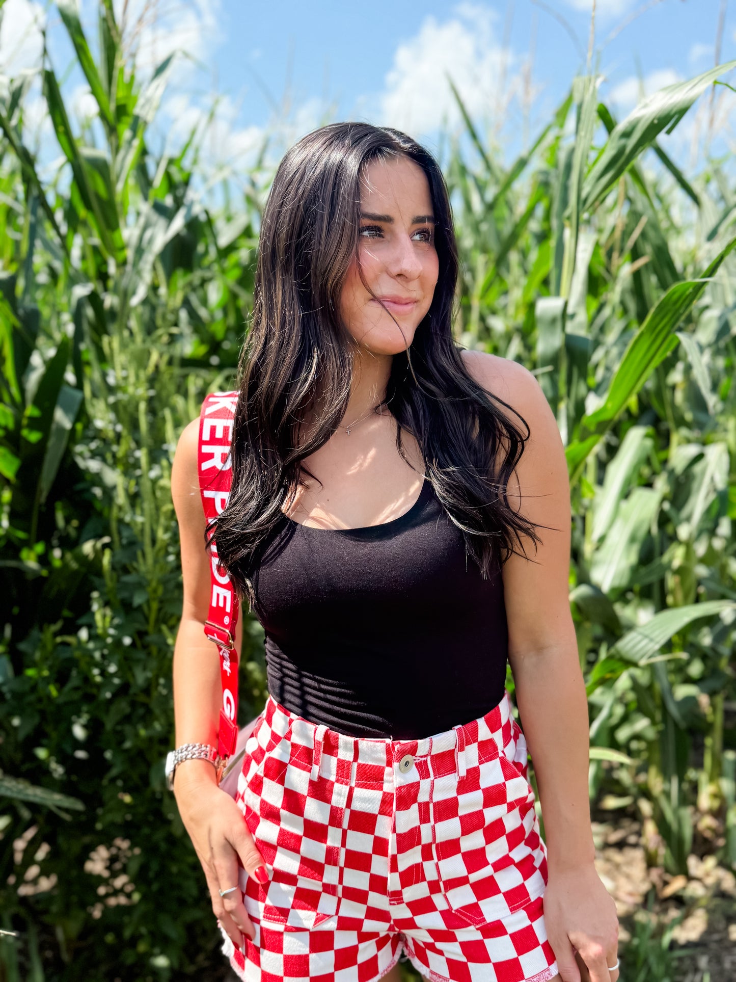 Colleen Denim Checkered Shorts - Red/White