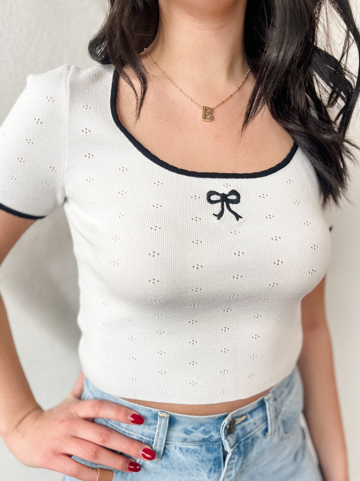 Scoop Neck Bow Knit Crop - Black/White