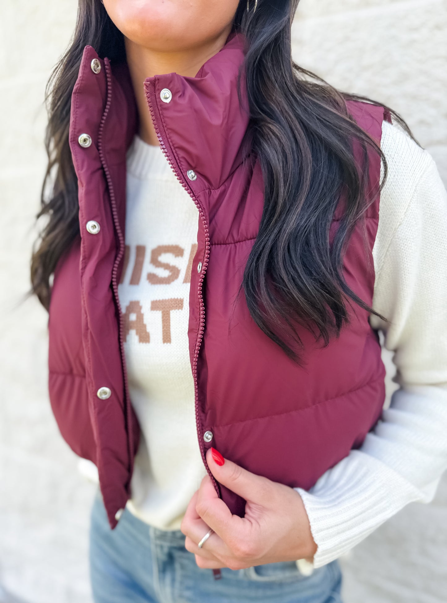 Slow It Down Cropped Puffer Vest - Burgundy