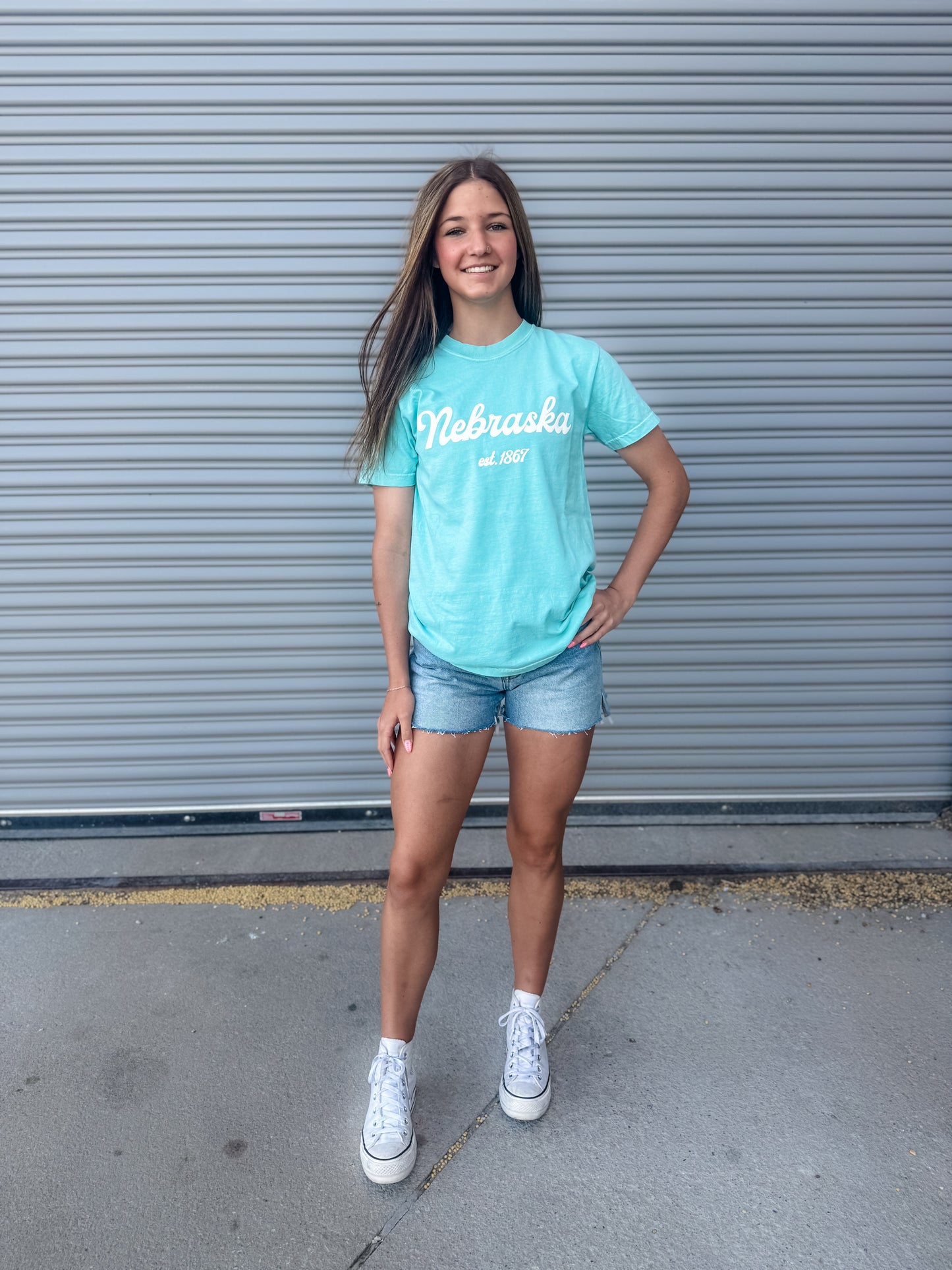 Nebraska Puff Script Tee - Seafoam
