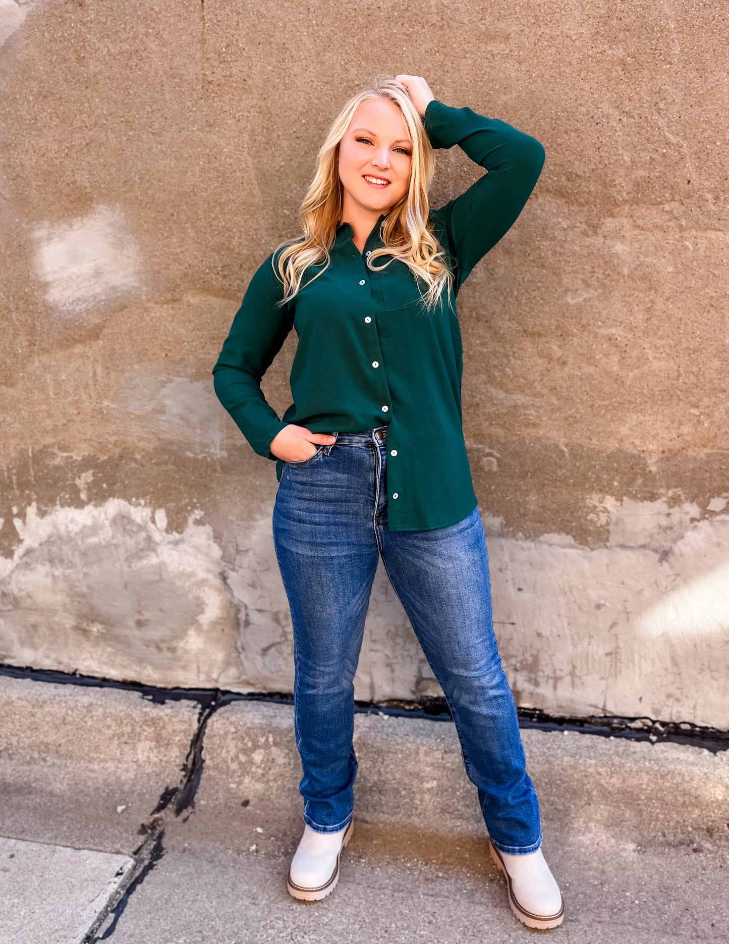 Cassie Solid Button Down - Hunter Green