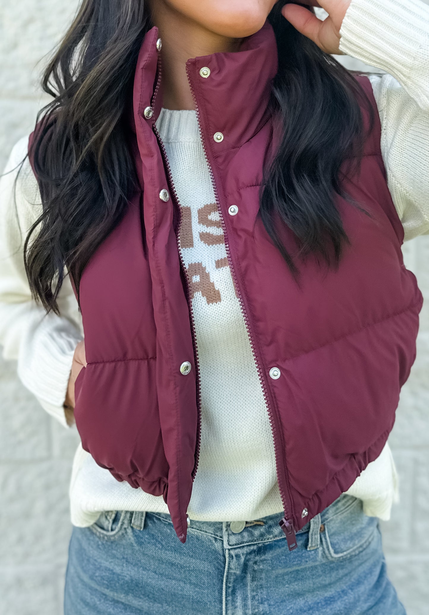 Slow It Down Cropped Puffer Vest - Burgundy