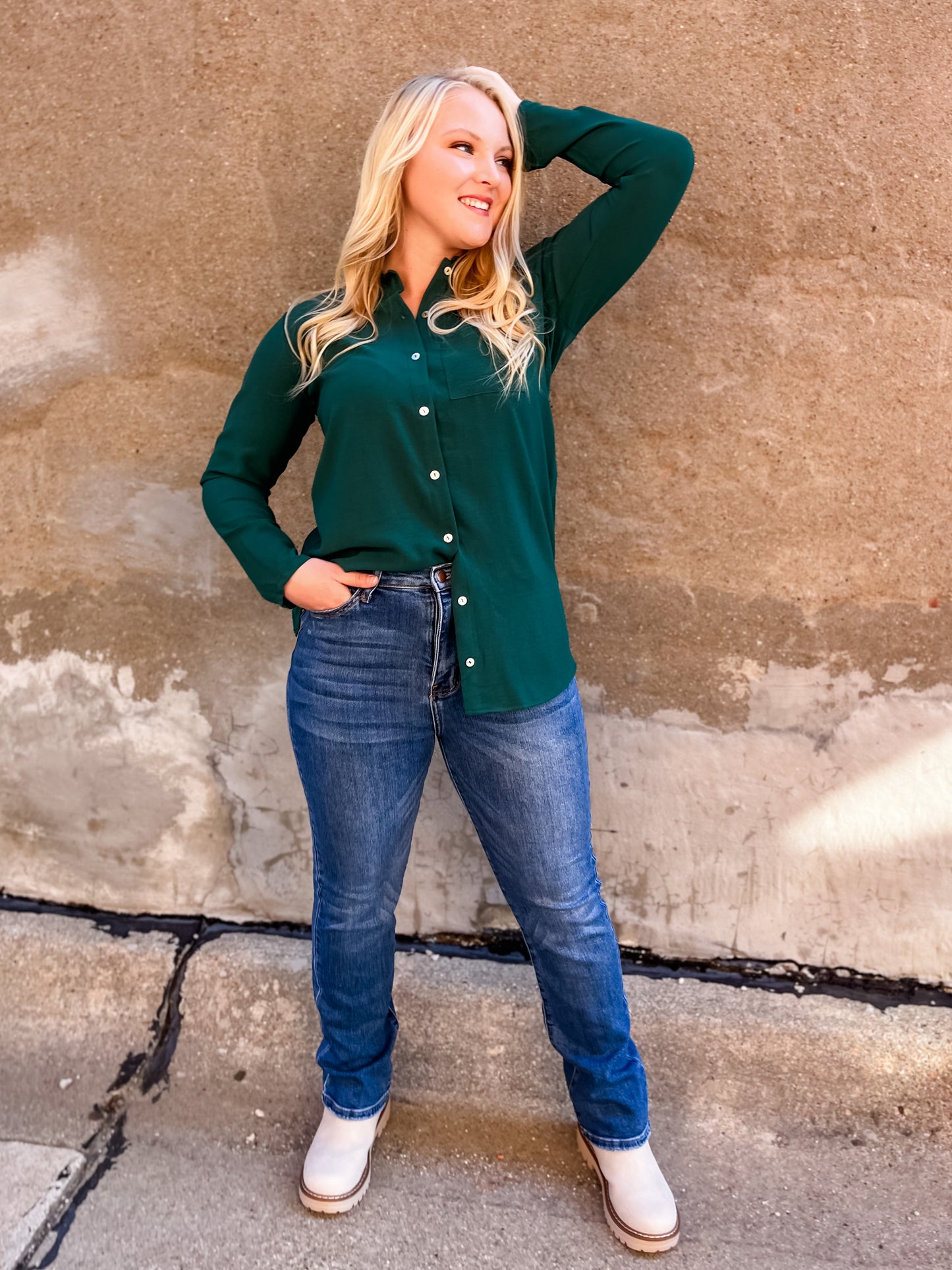 Cassie Solid Button Down - Hunter Green