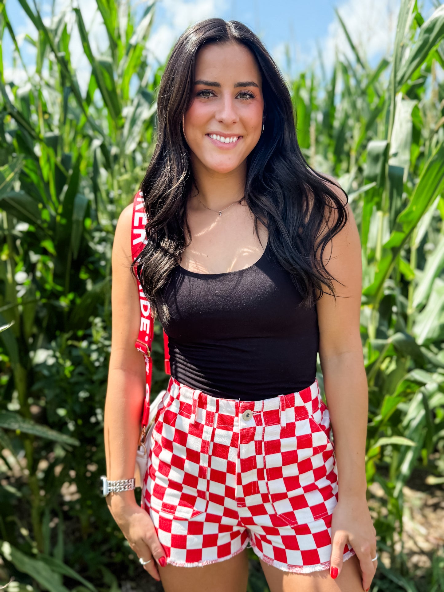 Colleen Denim Checkered Shorts - Red/White