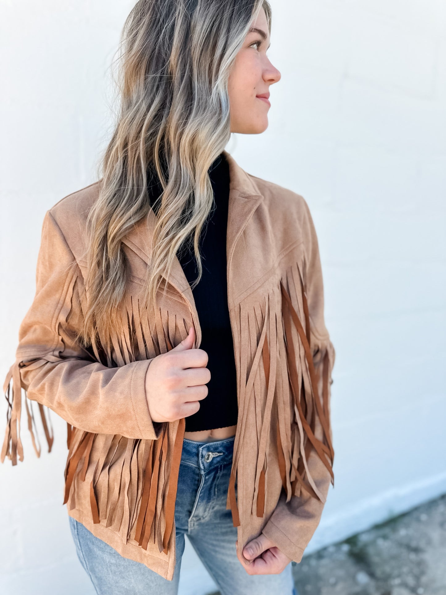 Koe Suede Fringe Jacket - Camel