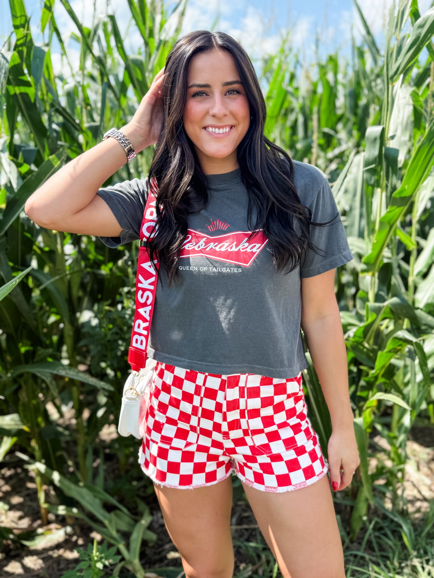 Colleen Denim Checkered Shorts - Red/White