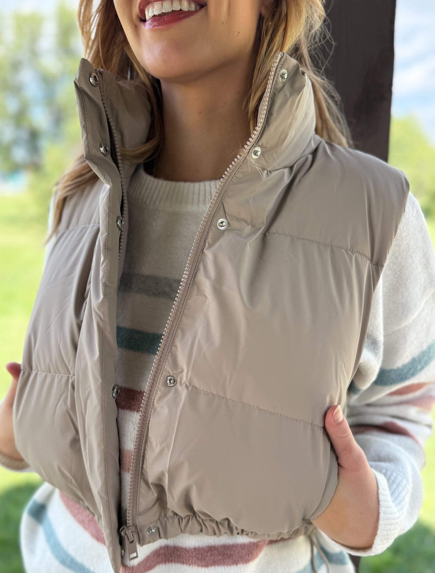 Slow It Down Cropped Puffer Vest - Taupe