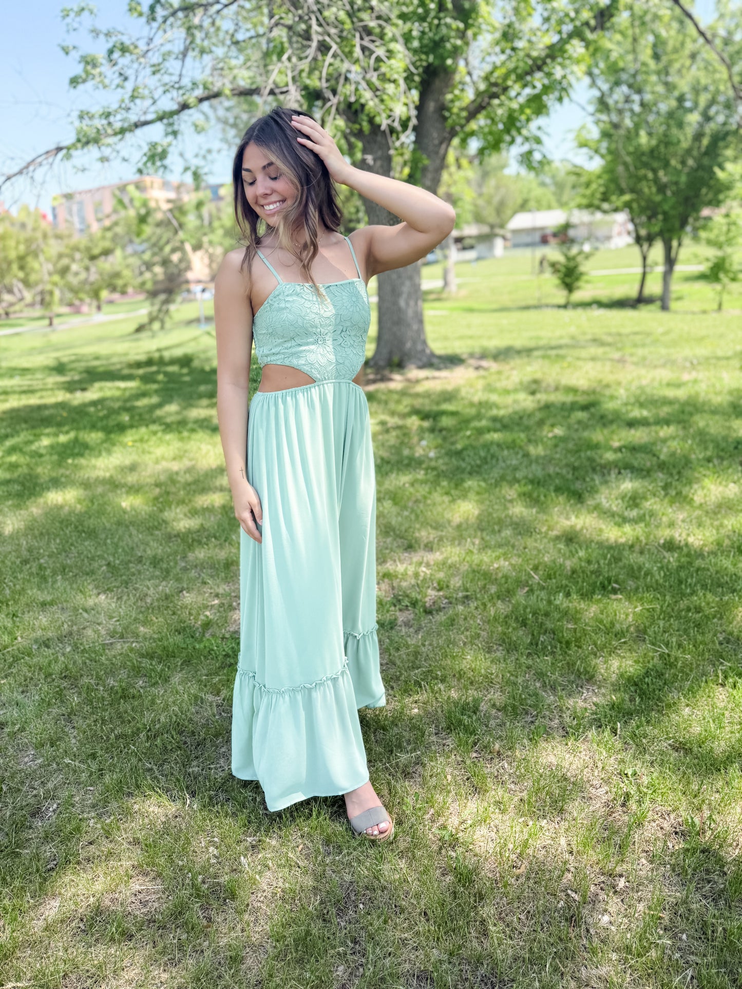 Sage Bloom Cutout Maxi Dress