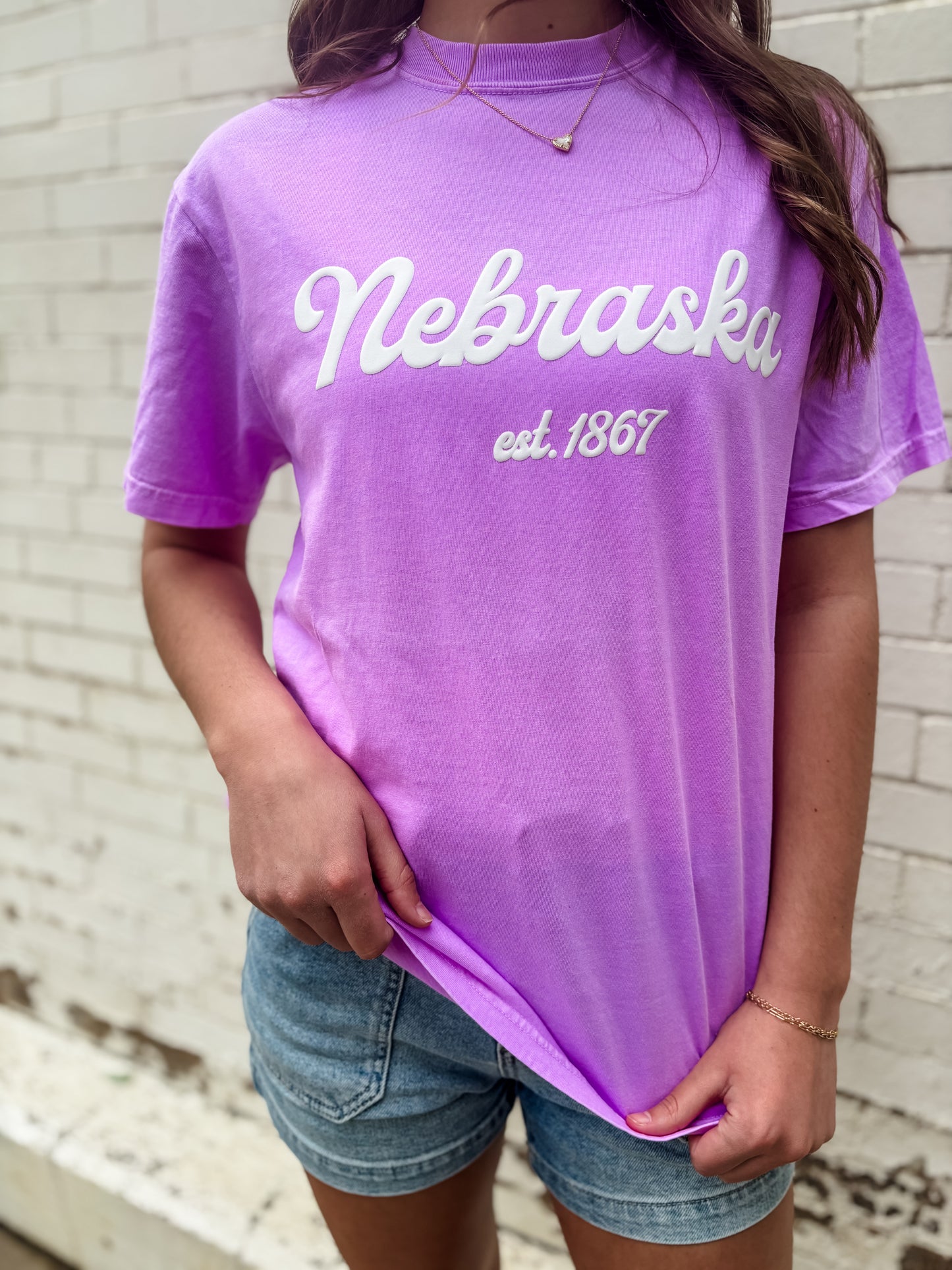 Nebraska Puff Script Tee - Lilac