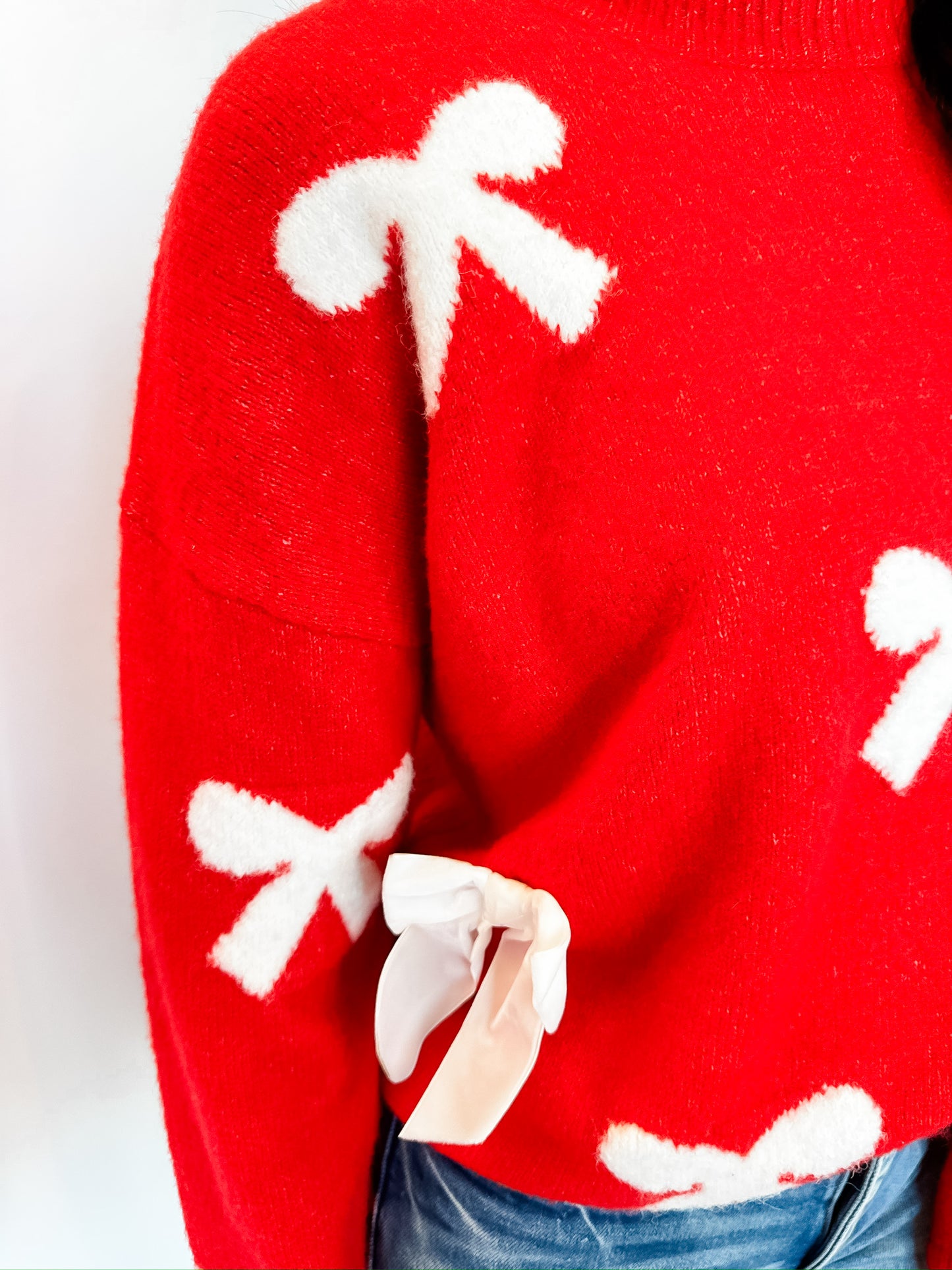 Lyla Velvet Bow Knit Sweater - Red/Ivory