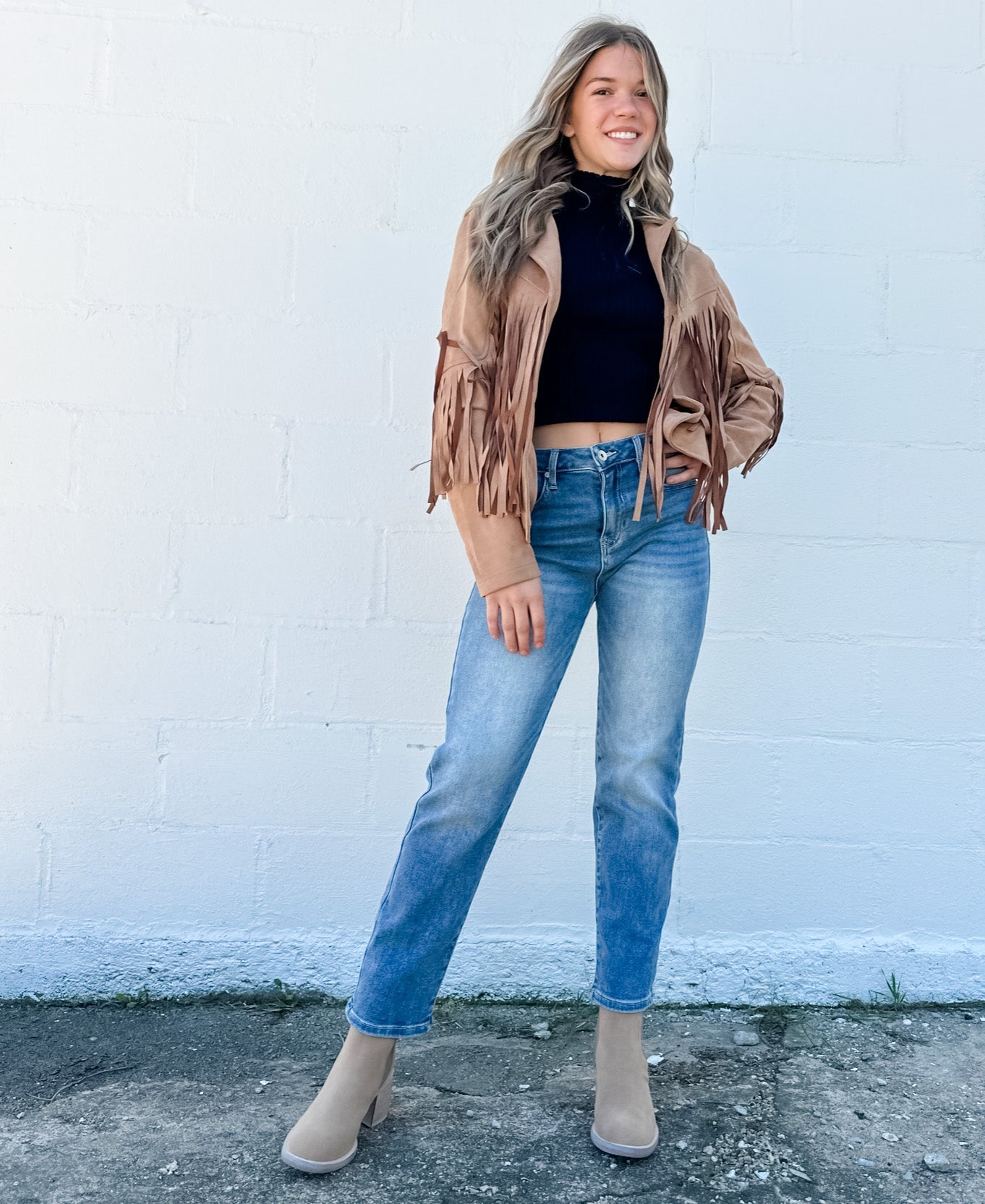 Koe Suede Fringe Jacket - Camel