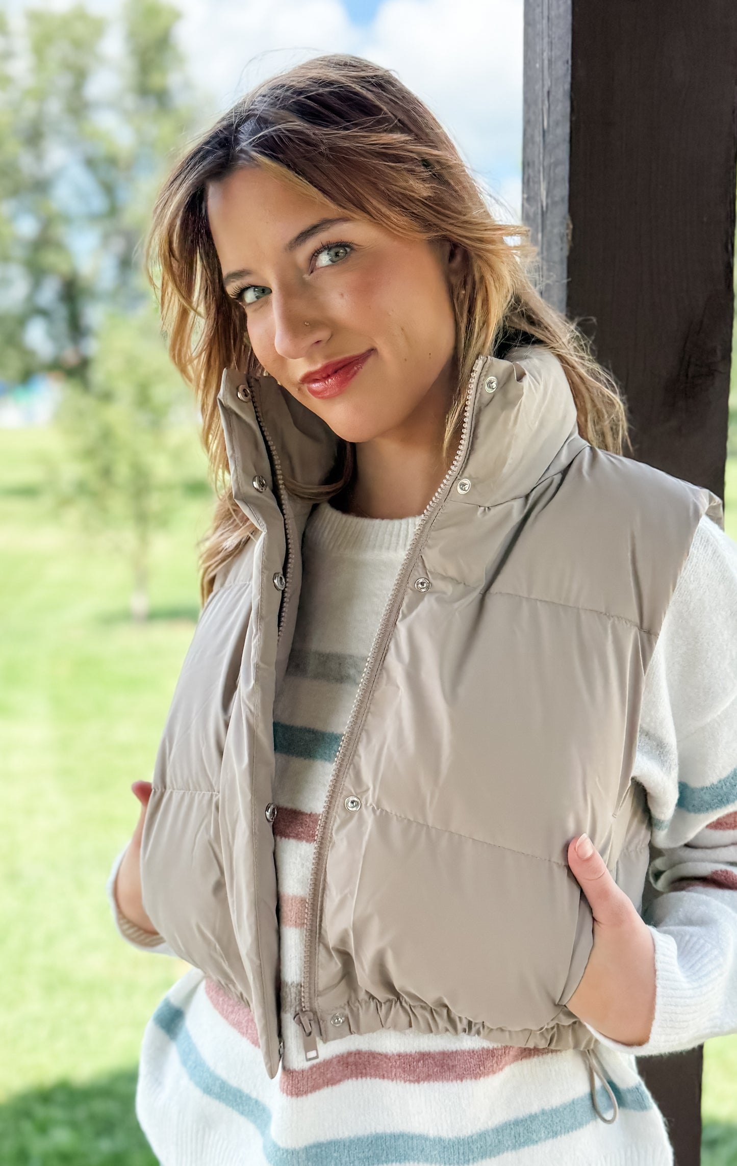Slow It Down Cropped Puffer Vest - Taupe