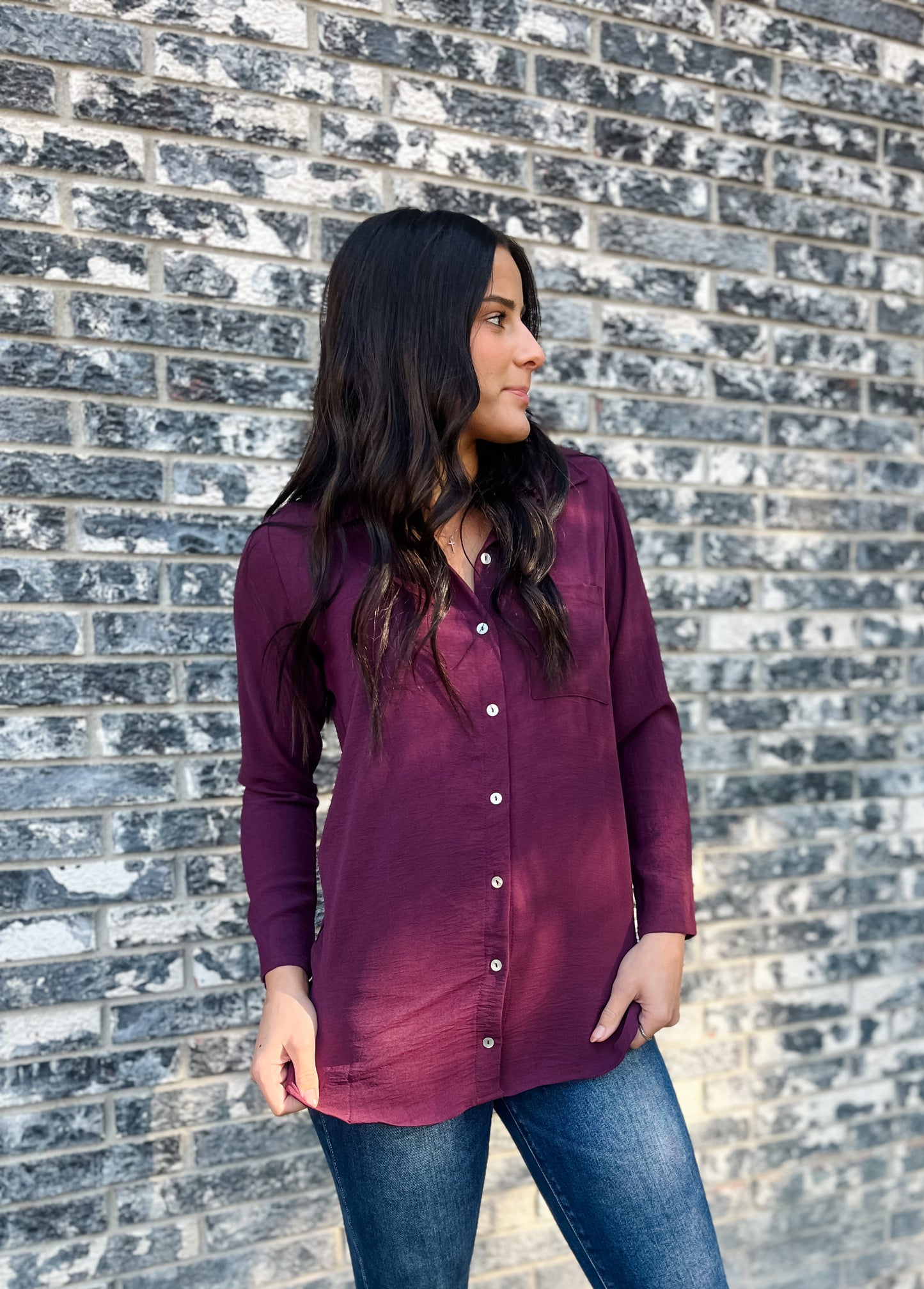 Cassie Solid Button Down - Burgundy