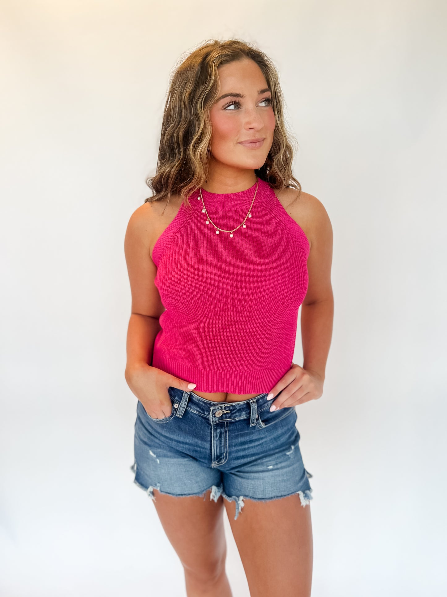 Jaycee Halter Sweater Tank - Fuchsia