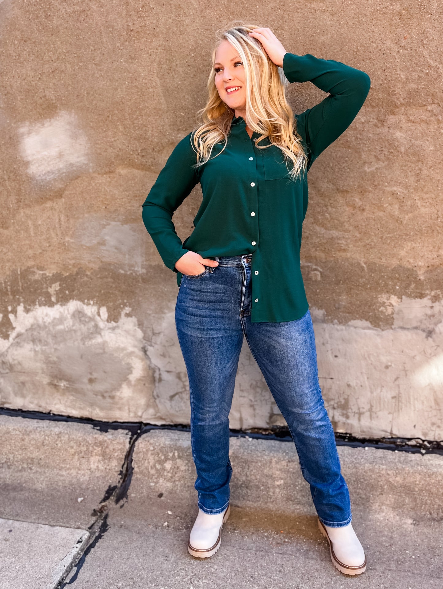 Cassie Solid Button Down - Hunter Green