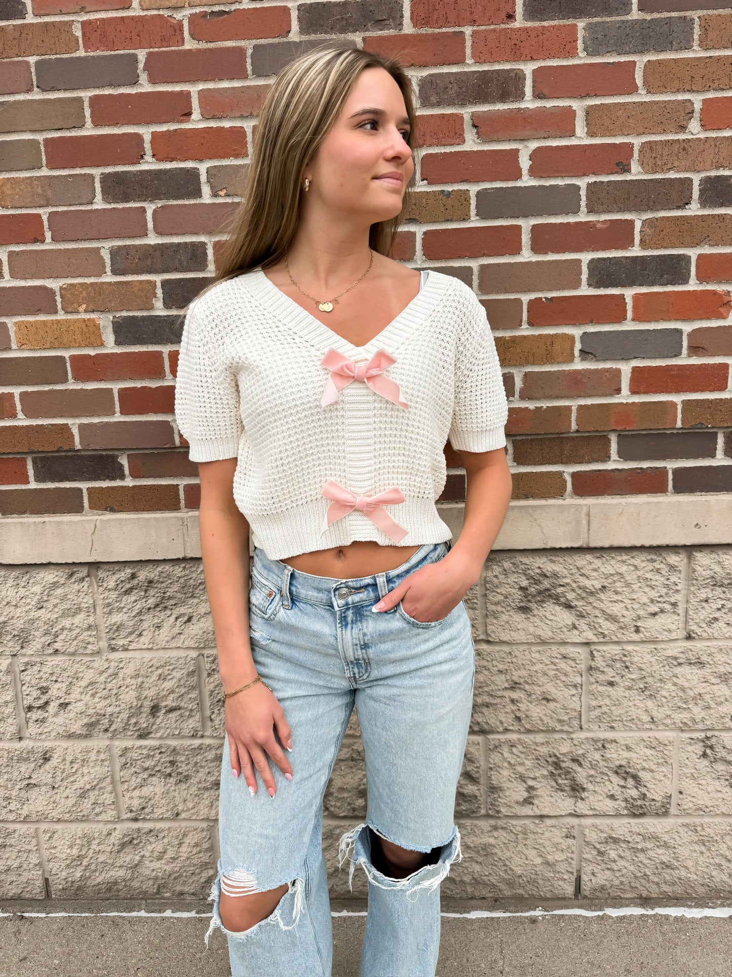 Velvet Bow Knit Sweater Crop