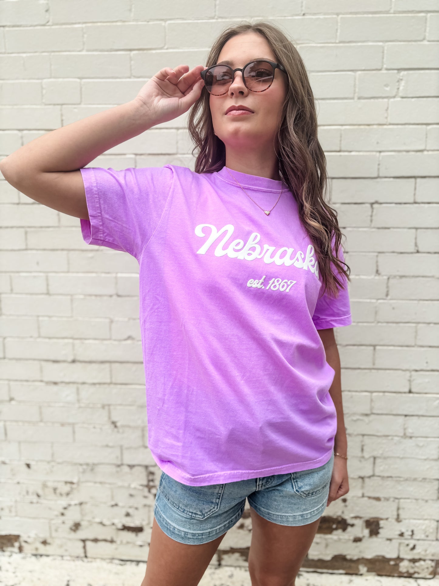Nebraska Puff Script Tee - Lilac