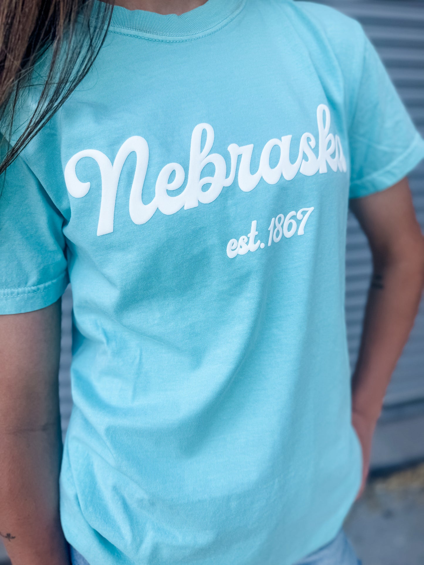 Nebraska Puff Script Tee - Seafoam
