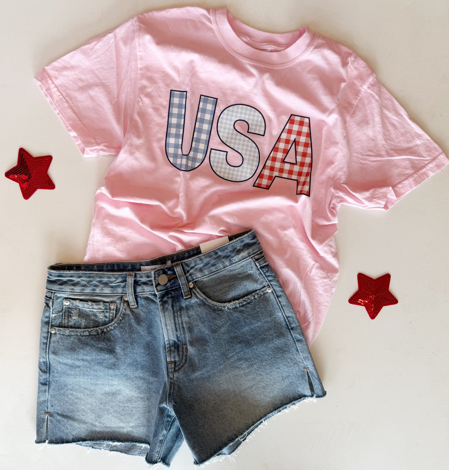 USA Gingham Tee - Light Pink