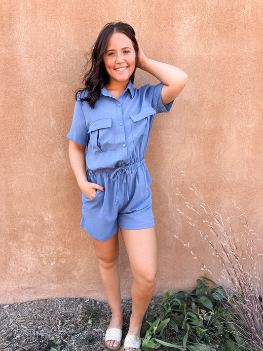 Annabelle Button Down Romper - Denim Blue