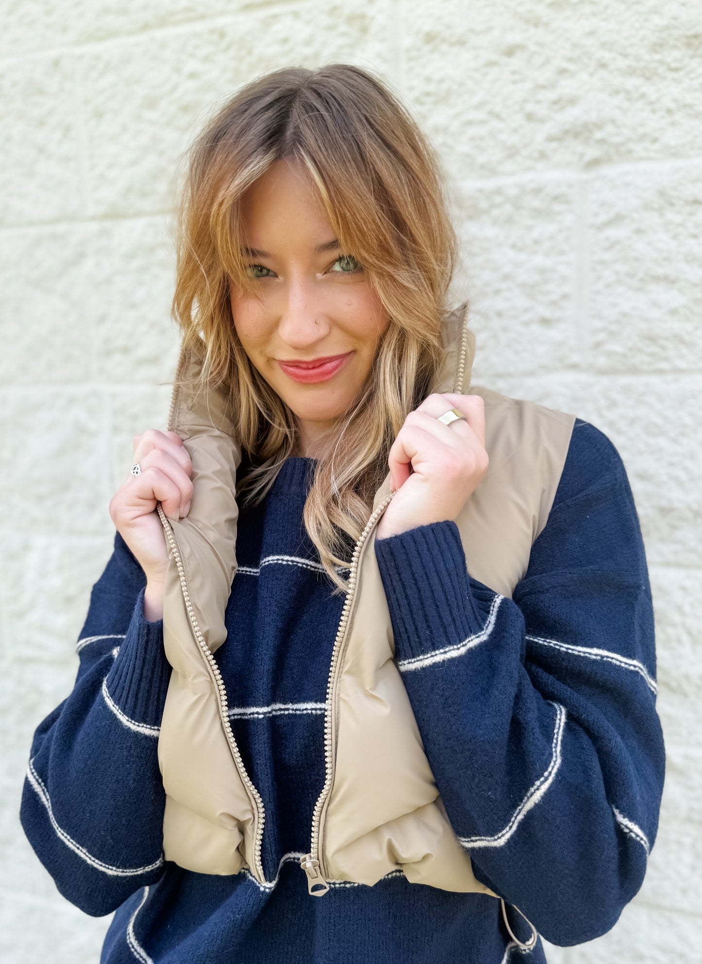 Straight and Narrow Cropped Puffer Vest - Tan