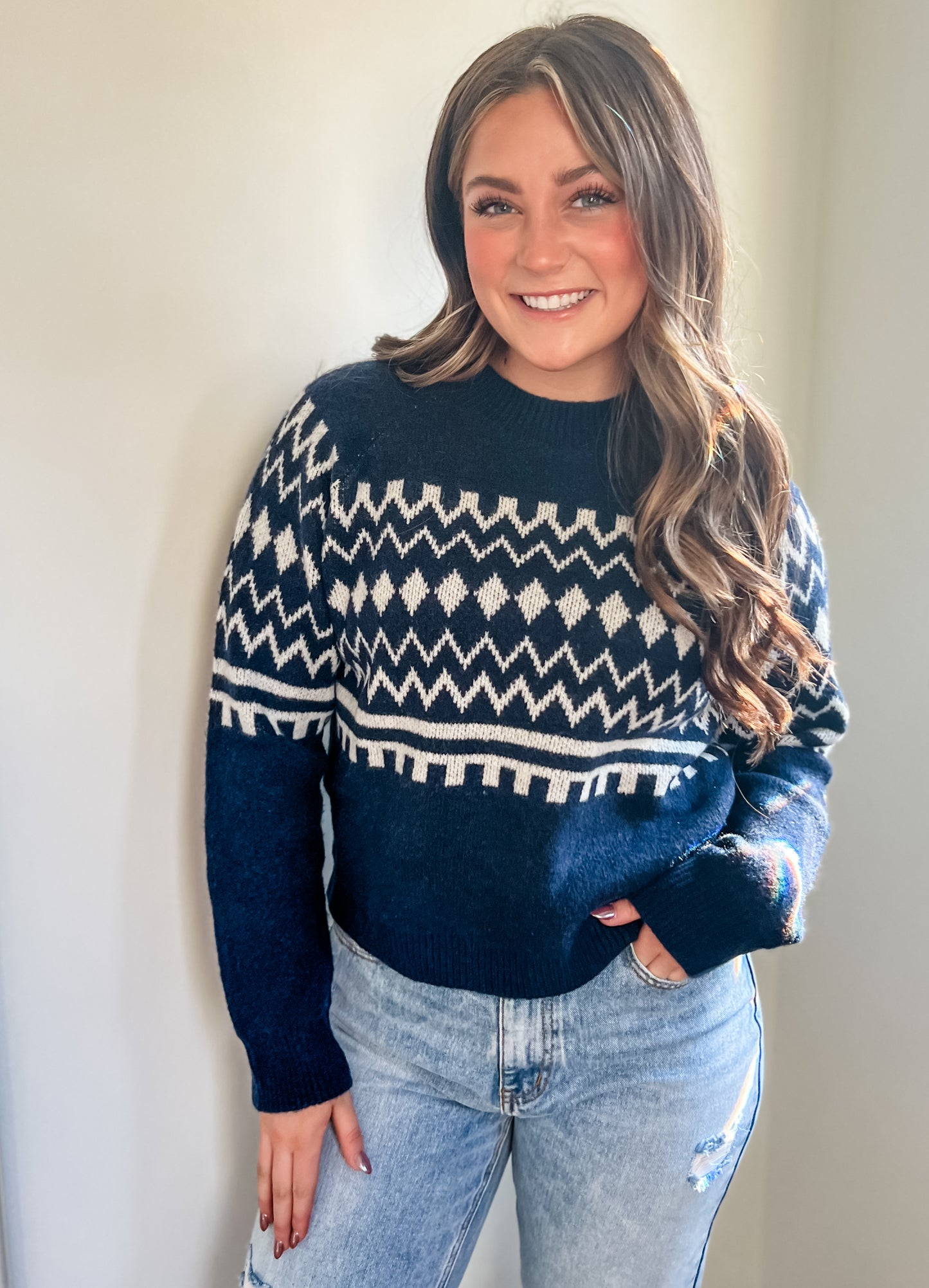 All the Cheer Aztec Sweater - Navy / Ivory