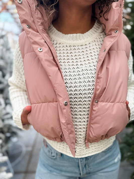 Chances Are Cropped Puffer Vest - Blush Pink