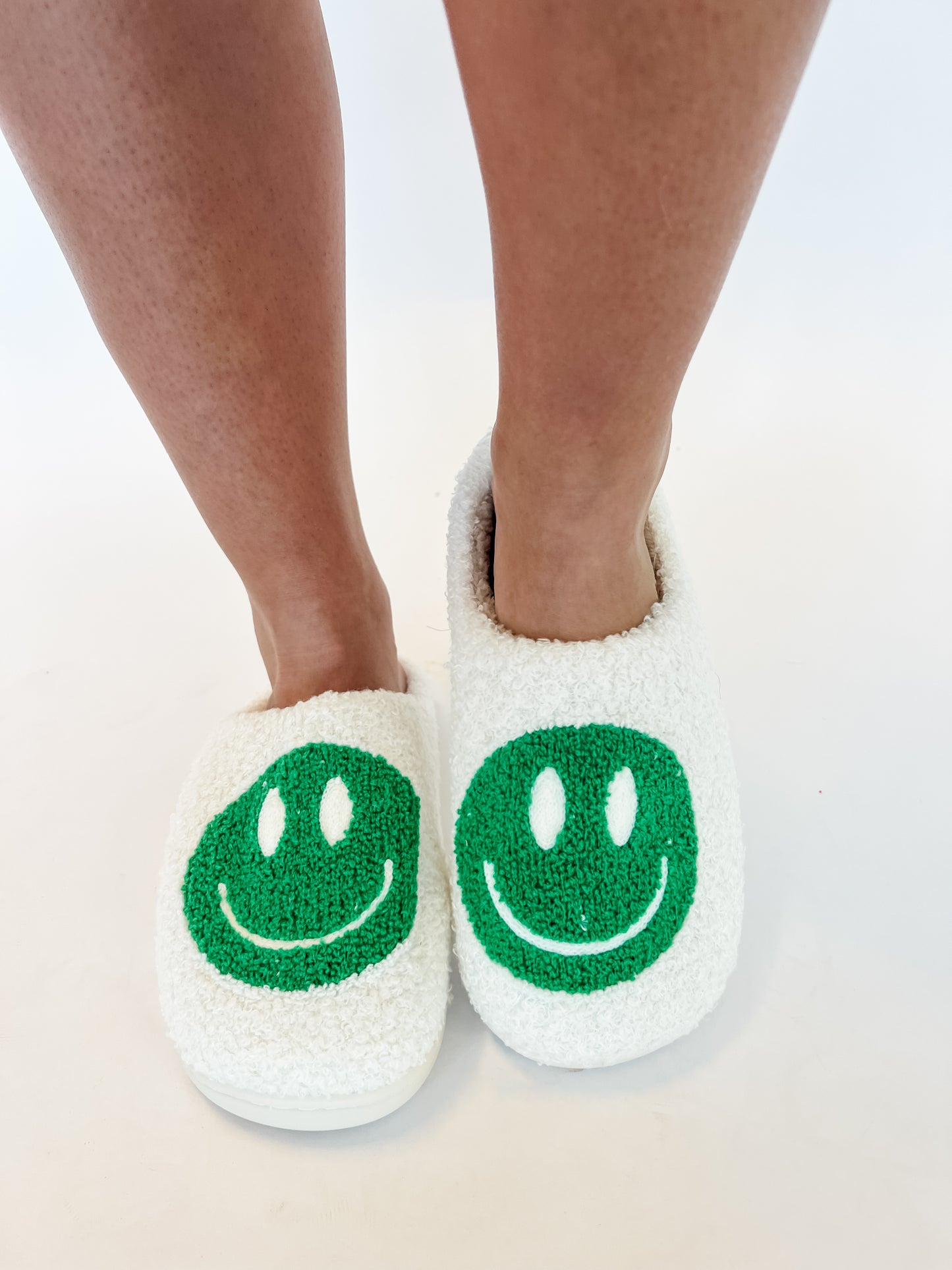 Plush Smiley Slippers - Kelly Green