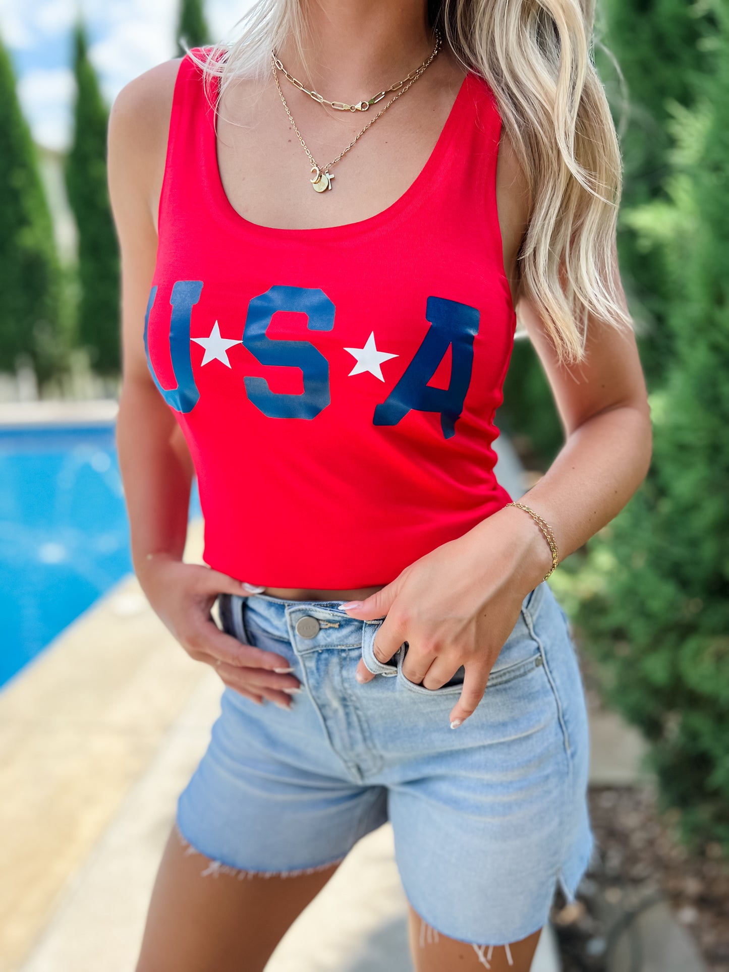 USA Double Lined Scoop Neck Crop Tank