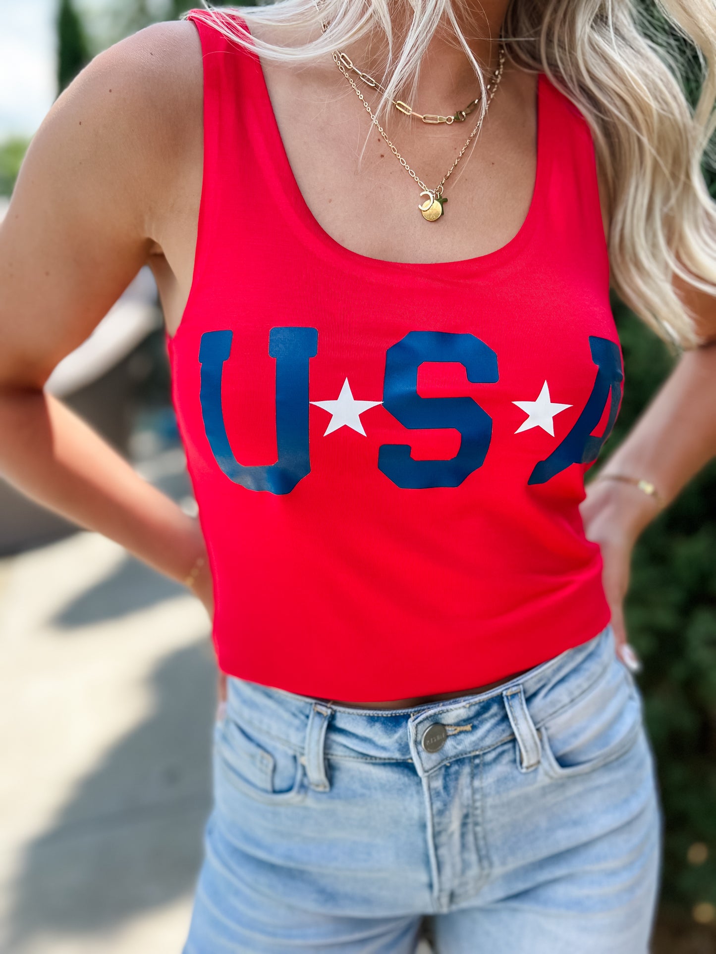 USA Double Lined Scoop Neck Crop Tank