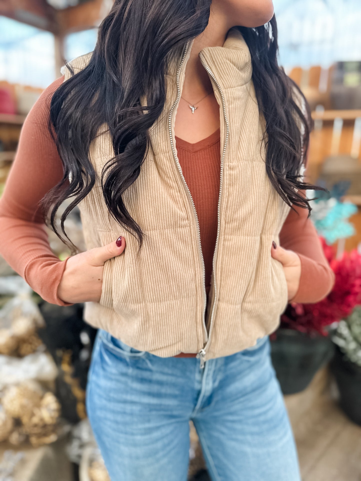 Ellie Corduroy Puffer Vest - Taupe