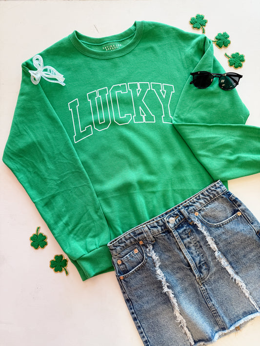 Varsity LUCKY Print Crew - Kelly Green