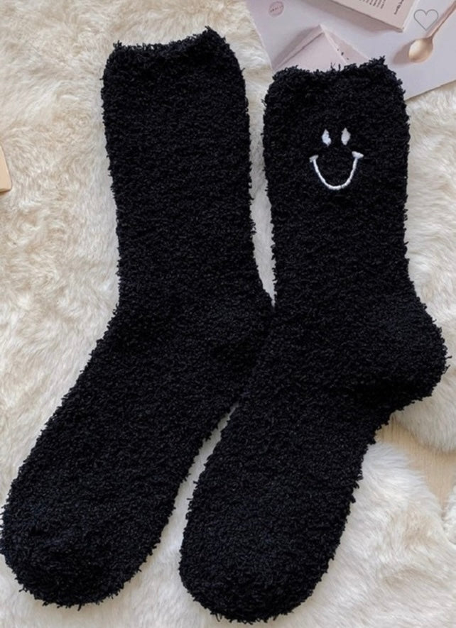 Large Smiley Plush Socks - Black