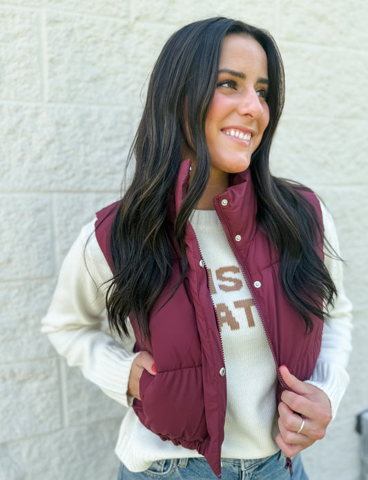 Slow It Down Cropped Puffer Vest - Burgundy