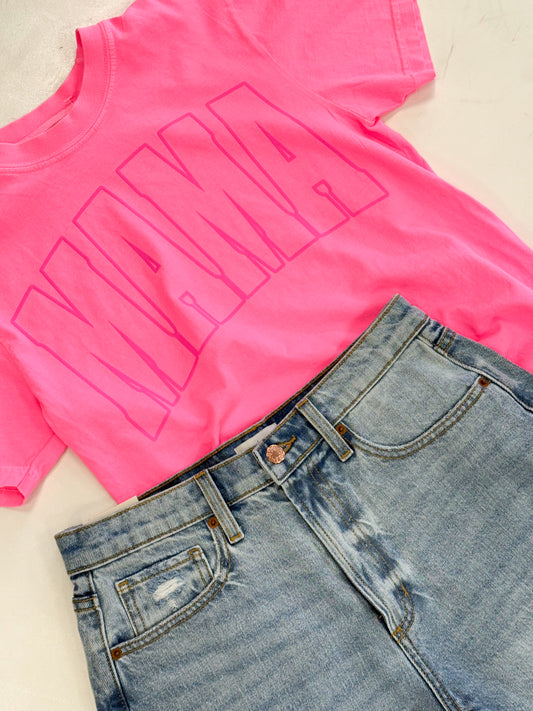Varsity MAMA Print Tee - Neon Pink