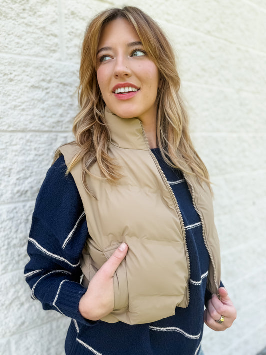 Straight and Narrow Cropped Puffer Vest - Tan