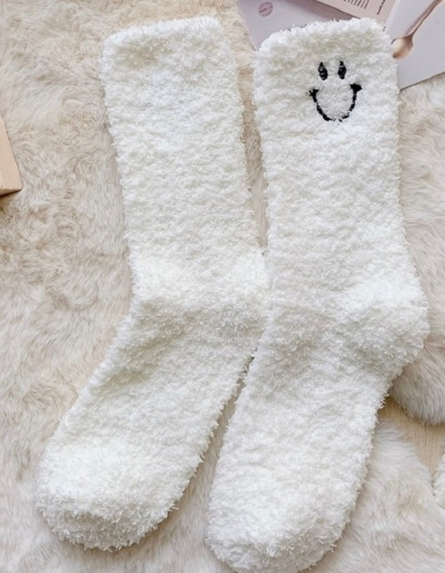 Large Smiley Plush Socks - White