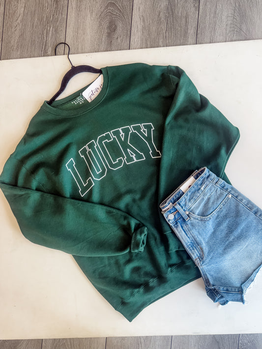 Varsity LUCKY Print Crew - Hunter Green