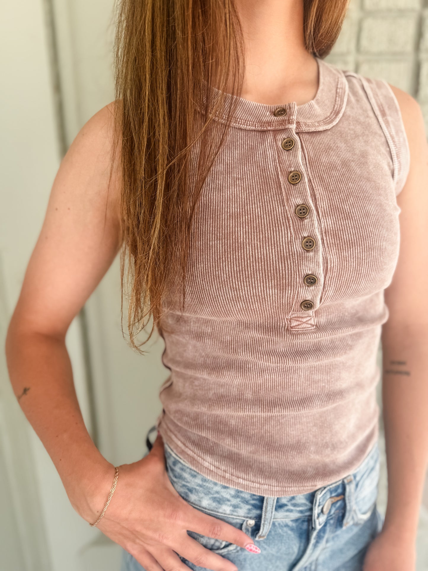 Sweet Henley Knit Tank - Cocoa