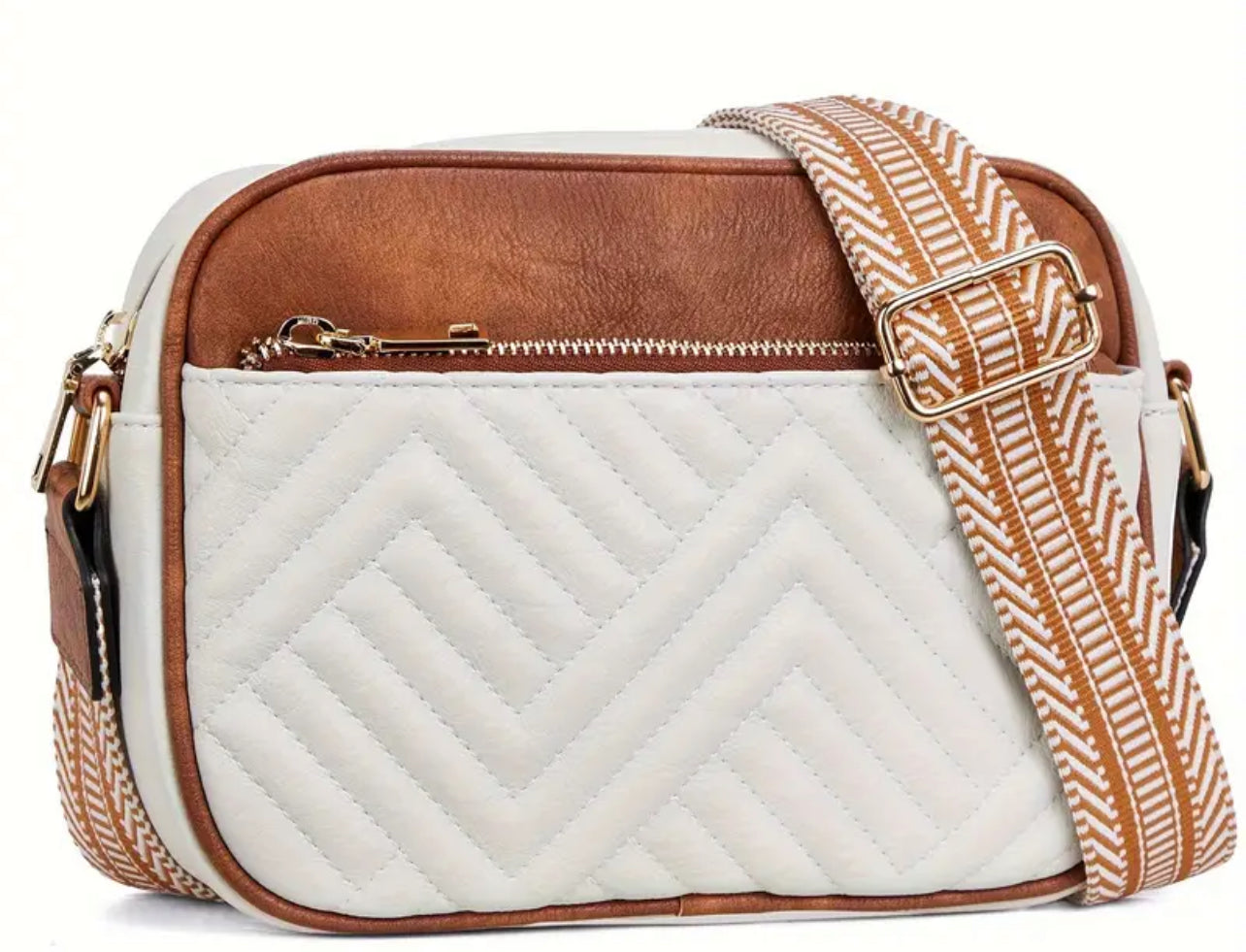 Quilted Vegan Leather Crossbody - Ivory/Tan