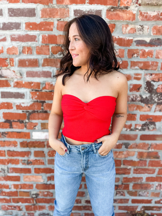 Stella Rib Knit Bandeau Top - Red