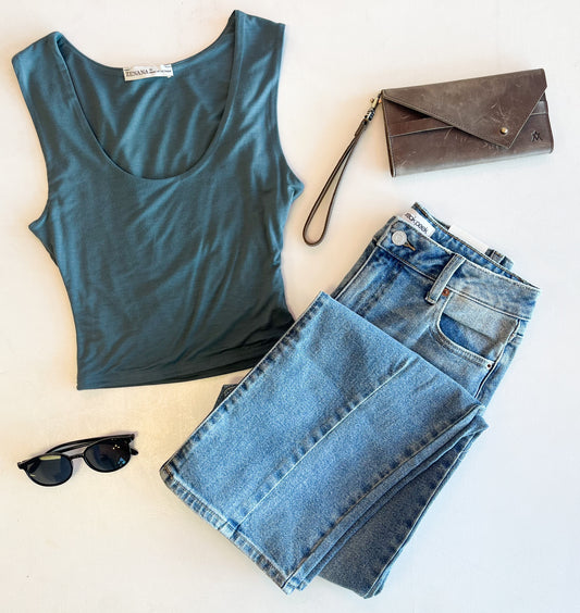 Basic Cropped Double Lined Tank - Ash Jade