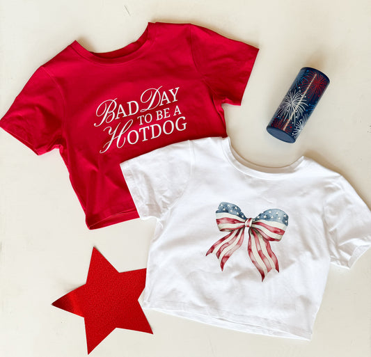American Flag Bow Crop - White