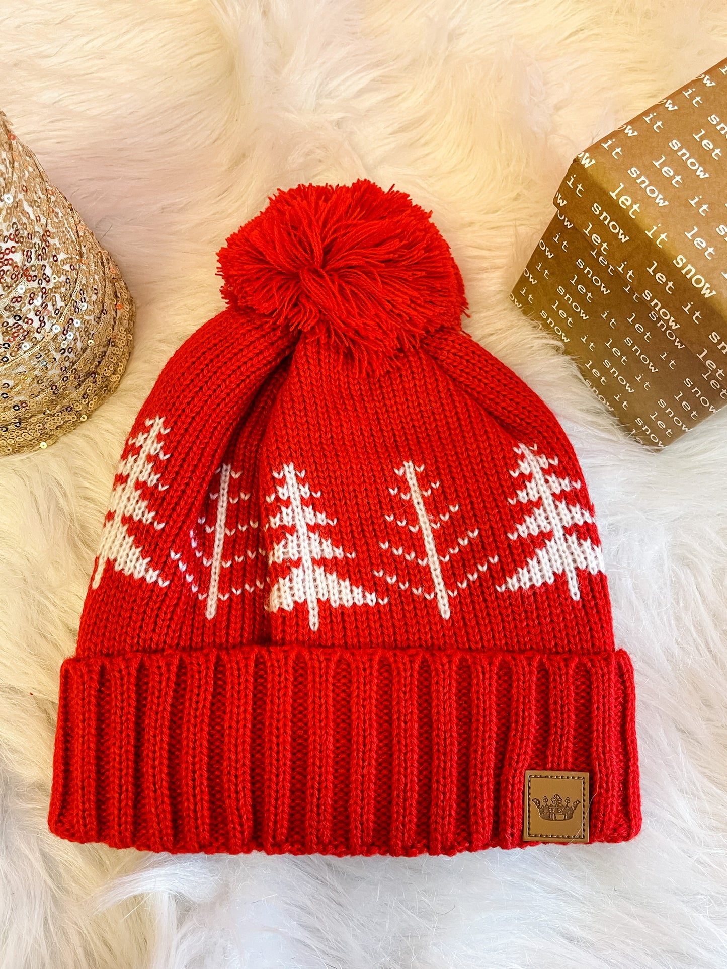 Yarn Puff Hat - Red/White Trees